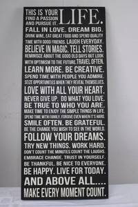 lot 3 image: Inspirational Quote Wall Art Sign - Black Panel with White Typography 35.5 Tall