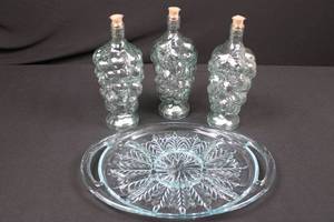 lot 4 image: Pier 1 Spain 580-5802 Glass Decanter Set - 3 Grape Bottles & Plate