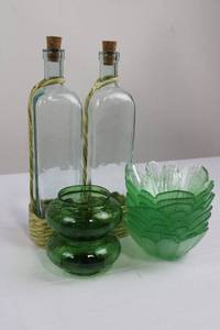 lot 8 image: Emerald Green Glass Bottles with Cork Stoppers & Flower-Shaped Rosette Bowls