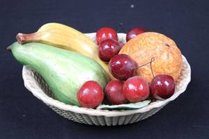 lot 13 image: Ceramic Fruit Bowl with Basket-Weave Rim and Colorful Fruit Accent