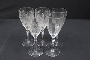 lot 29 image: Crystal Wine Glasses - Etched Floral Pattern (Set of 5)