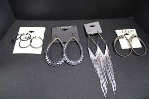 lot 35 image: BeBe Teardrop Rhinestone Earrings - Merona Hoops - Guess Rhinestone Hoops - Express Fringe Tassel Earrings (Lot of 4)