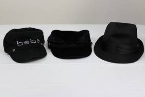 lot 43 image: Bebe Rhinestone Cap, Black Fedora Hat & Pouch (Lot of 3)