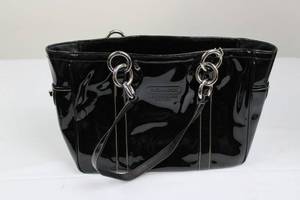 lot 47 image: Coach Black Patent Leather Handbag - Silver Hardware & Chain-Accent Handles