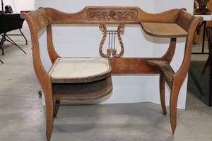 lot 63 image: Antique Carved Oak Settee with Lyre Back and Scroll Arms - Hall Bench