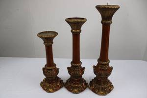 lot 67 image: Three-Piece Ornate Gilded Candlestick Set - Wood Stems & Brass Bases, 12-20 in tall