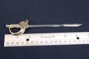 lot 77 image: Sword Letter Opener - Ornate Hilt, Coiled Grip, 6in Blade