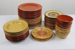 lot 80 image: Ceramic Dinnerware Set - 18 Large Plates, 12 Small Plates, 5 Bowls, YellowOrange Floral Pattern