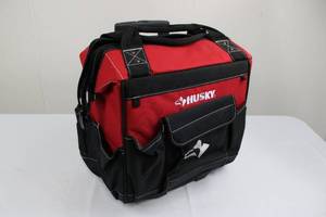 lot 91 image: Husky Rolling Tool Bag with Telescoping Handle - RedBlack, Exterior Pockets, Padded Interior 16 x 16