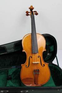 lot 93 image: Violin With Flame Maple Back In Green Hard Case & Rosin & Bow Set