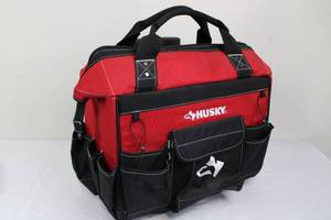 lot 111 image: Husky Rolling Tool Bag - RedBlack, 18in, Telescoping Handle & Front Pockets 15 x 16