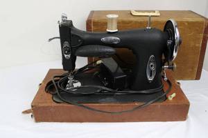 lot 113 image: White Rotary Sewing Machine - Vintage Portable with Case & Foot Pedal