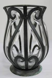 lot 115 image: Glass Vase with Wrought-Iron Scrollwork Cage, 9-10 in Tall