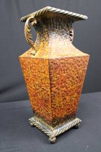 lot 116 image: Hammered Tin Vase with Rope Handles, Square Copper Patina Finish 16.5