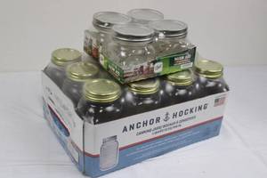 lot 124 image: Anchor Hocking Mason Jars 12-Pack 1-Quart Canning Jars with Lids & Bands