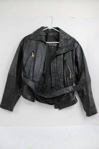 lot 127 image: Wilsons Leather Moto Jacket - Black Real Leather, Size S, Zipper Pockets & Belt