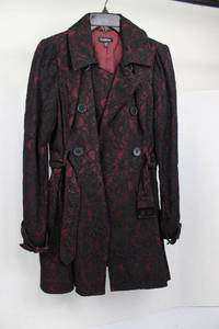 lot 129 image: Bebe Lace Overlay Trench Coat - Black With Burgundy, Size M