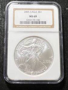 lot 15 image: 2005 AMERICAN SILVER EAGLE NGC MS69