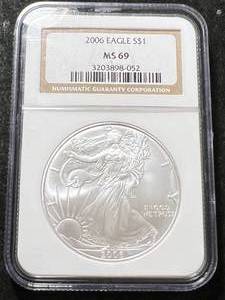 lot 21 image: 2006 AMERICAN SILVER EAGLE NGC MS69