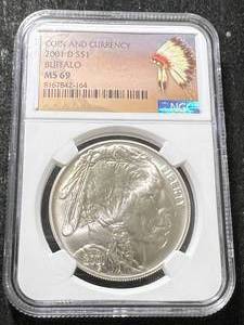 lot 43 image: 2001 BUFFALO INDIAN ROUND 1 TROY OZ .999 FINE SILVER NGC MS69