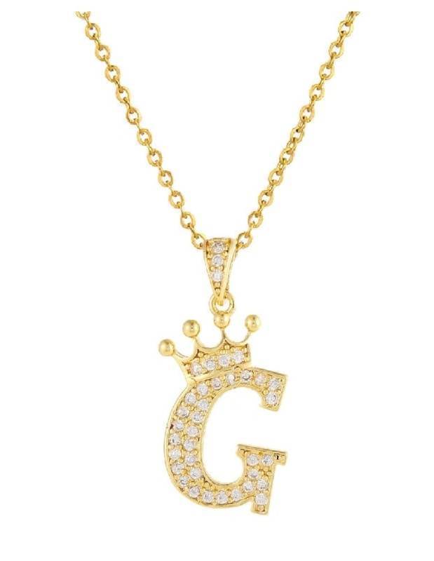 G Initial Necklace, 14K Gold-Plated Crown Pendant with CZ on 20-Inch Chain - Brand New