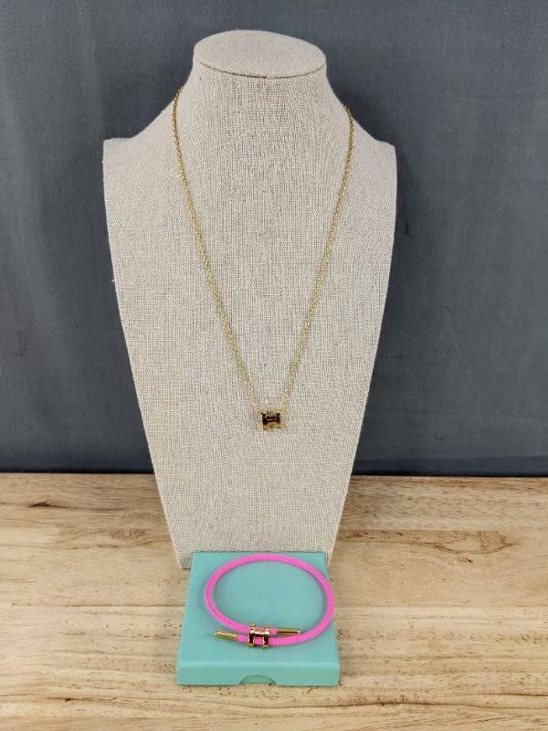 H Buckle 18 Necklace & Pink Cord Bracelet - Brand New