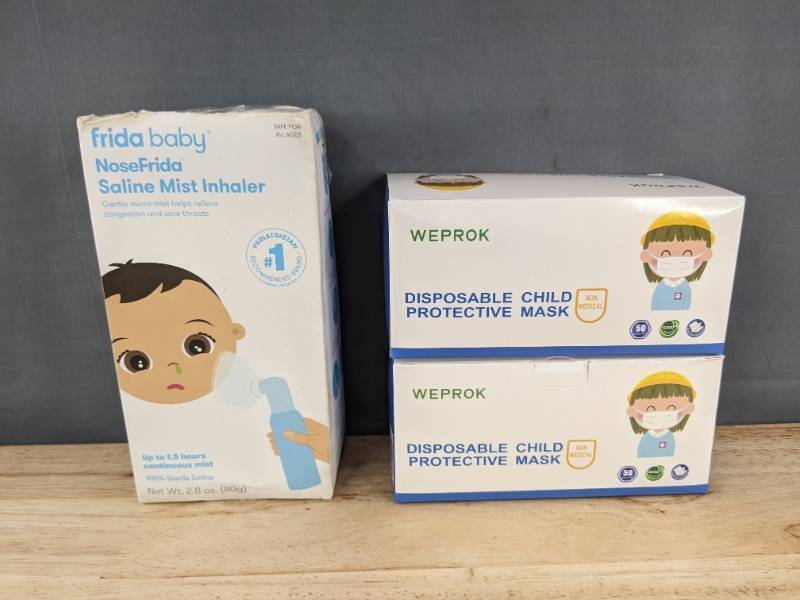 Frida Baby NoseFrida Saline Mist Inhaler & 100 WEPROK Disposable Child Protective Masks - Brand New