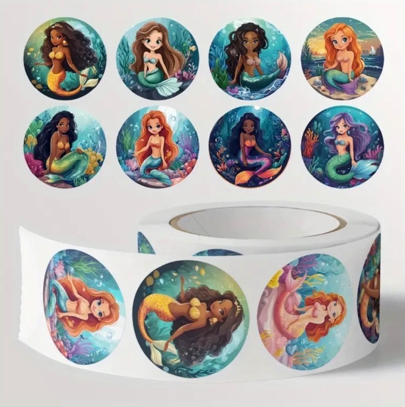 Roll of 500 Cartoon Mermaid Stickers - Brand New