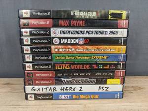 PlayStation 2, 11 Video Game Bundle - Metal Gear, Tiger Woods, DDR, Spider-Man, Max Payne, Tetris, Guitar Hero C