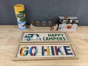 Wooden Sign Set - Happy Camper & Go Hike - 14.75 x 5 in - Brand New