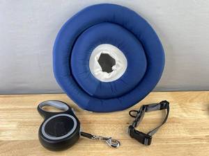 ARRR UFO Neck Collar & Extending Dog Leash & Blue Donut Dog Bed