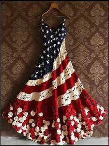 Dress - Patriotic Flag Pattern with Musical Notes - V-Neck - NavyRedWhite - Large - New