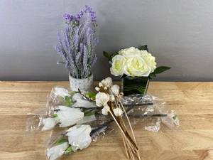 Lavender Artificial Flowers & White Rose Arrangements & Dried Stems - Brand New