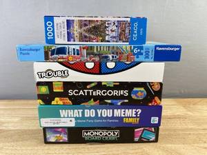 4 Games and 2 Puzzles Including Monopoly, Trouble, Scattergories, Ravensburger, and More