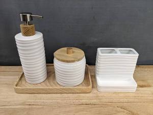 White Ceramic Bathroom Accessory Set - Lotion Dispenser, Jar with Lid, Toothbrush Holder - Brand New
