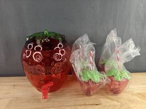 Strawberry Drink Dispenser with 4 Cups & Straws - $80 Retail - Brand New