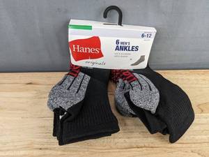 6 Pairs Hanes Originals Mens Ankle Socks Size 6-12 - Brand New
