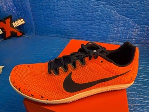 lot 98 image: Size 10.512 Nike Zoom Rival D 10 distance spikes in the bright mango and blackened blue colorway.