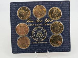 lot 17 image: Readers Digest Presidential Coins Set - 8 Brass Medallions on Display Card