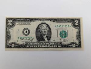 lot 23 image: Error Note Off Centered US 2 Dollar Bill - Jefferson Portrait, Declaration Reverse - 1976 Bicentennial (A18773777A)