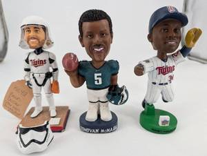 lot 90 image: Twins Bobblehead Set - Brian Dozier, Donovan McNabb, 34 Pinstripe Figure (Lot of 4)