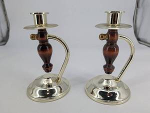 lot 104 image: Pair of Silver-Plated Candlesticks - Turned Wood Center