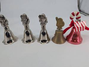 lot 105 image: Santa Bell Set - 4 Silver Santa Bells, Brass Bell, Pink Candy-Cane Bell (6-Piece)