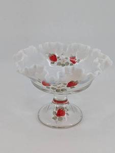 lot 113 image: NR Roberts Hand-Painted Strawberry Glass Compote - Footed Dessert Dish