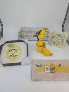 lot 114 image: Lemon Decor Set (Lot of 5) - Squeeze the Day Framed Print, When Life Gives You LEMONS Make Lemonade Sign, Live Life with zest, Lemon Bucket & Napkin
