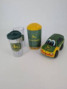 lot 117 image: John Deere Promotional Tin Barrel - Nothing Runs Like a Deere with 2 Tumblers, 2 Coasters & Car