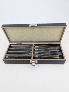 lot 119 image: 4-Piece Knife Set in Carbon Fiber Pattern Case - Black-Handled Knives