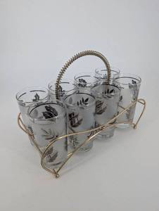 lot 128 image: Set of 6 Frosted Glass Tumblers with Etched Leaf Pattern in Gold Wire Carrier