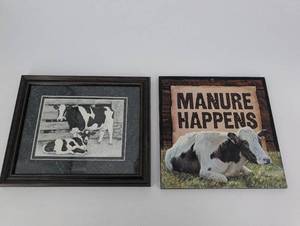lot 143 image: Two Cow Art Prints - Framed Black & White Cattle, Manure Happens Sign