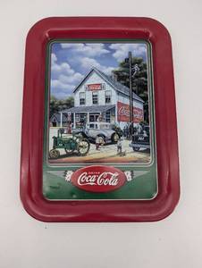 lot 152 image: Coca-Cola Advertising Tin Tray - Vintage Storefront Scene, Red Border